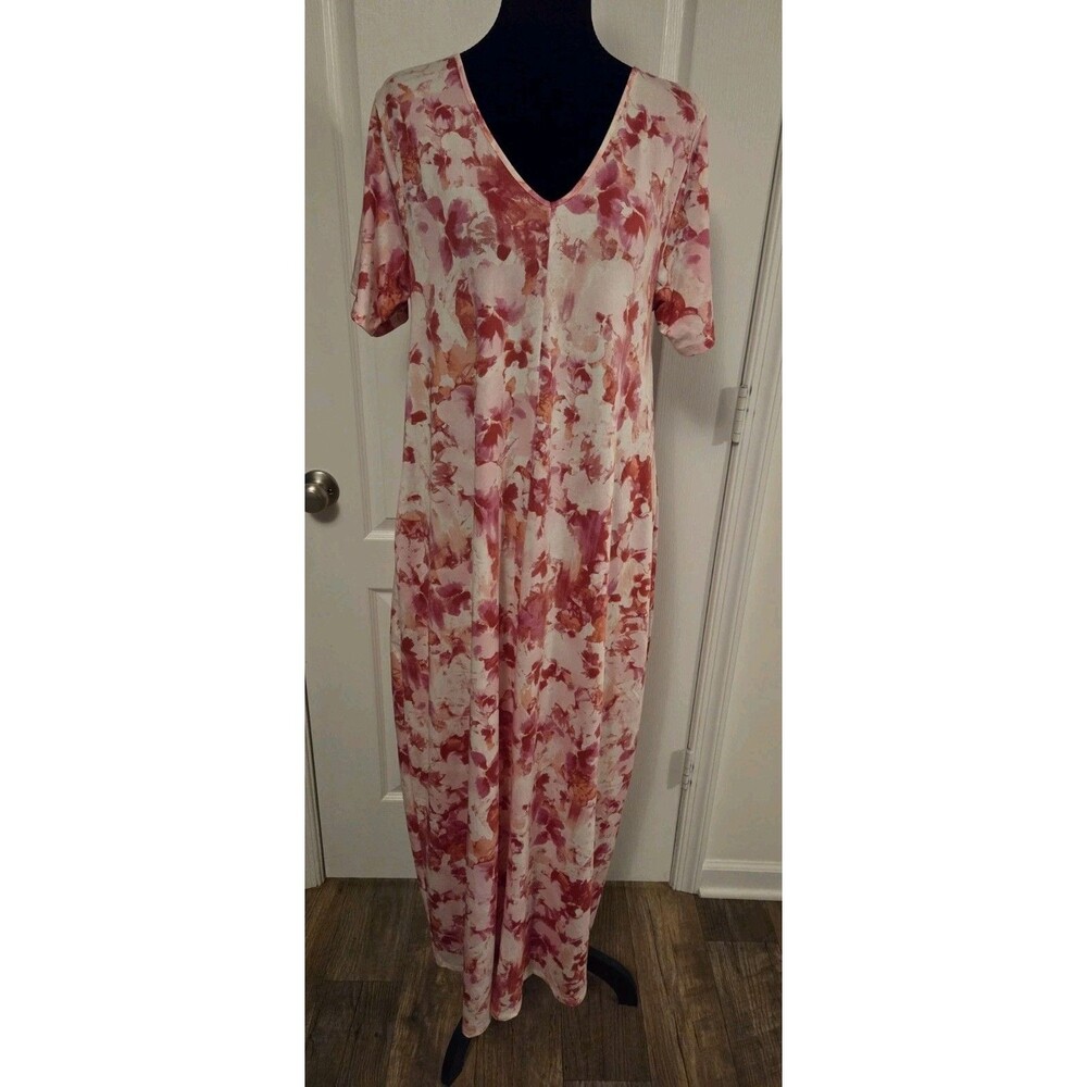 Zenana Pink/White Floral V-Neck Maxi Dress Short Sleeve - Women's Size L